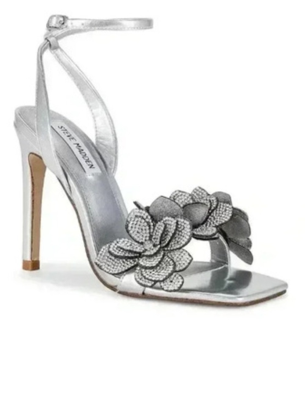 NWOT Steve Madden Ulyana metallic silver rhinestone floral heels  summer party - Picture 3 of 12
